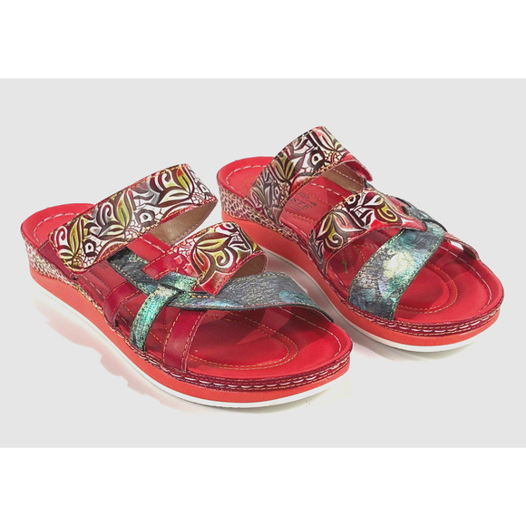 New L'Artiste Spring Step Womens Caiman Leather Wedge Slide Sandals Red 40M 9M - Picture 13 of 13